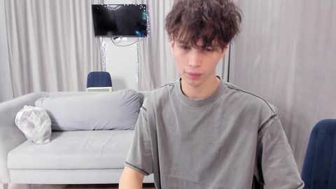 Media: Video of a young Caucasian male with messy dark hair, wearing a gray T-shirt, sitting in a modern, light-colored living room with a white couch and blue chair.