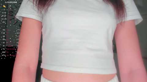 Media: A video of a young woman with long dark hair, wearing a white crop top, taken from the waist up. The background features a computer screen displaying a game interface.