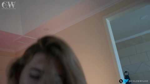 Media: A video of a blurred, middle-aged woman with shoulder-length hair, possibly Hispanic, seen from the side. The background features beige walls and a partially open door.