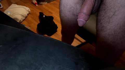 Media: Video of a close-up view of a man's erect penis and scrotum, positioned on a black leather chair with a beige cushion, wooden floor, and a black shirt nearby.