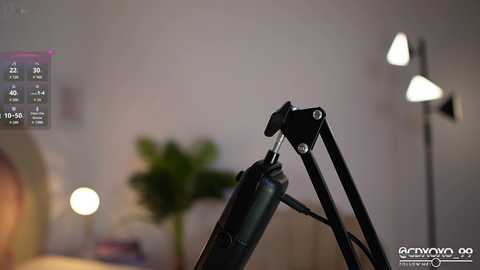 Media: Video of a black tripod with adjustable legs, in a softly lit room with a green potted plant and modern, white lamp.