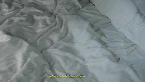 Media: A video of crumpled, light gray satin sheets with soft folds and smooth textures, overlaid with a watermark in yellow text reading \"telegramyoulovemewhysnow\" at the bottom.