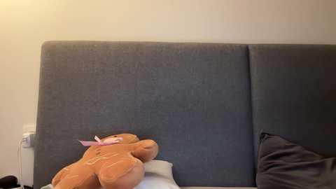 Media: Video of a simple bedroom with a gray upholstered headboard. A brown teddy bear with a pink ribbon is placed on a white pillow. A dark gray blanket is partially visible on the right.