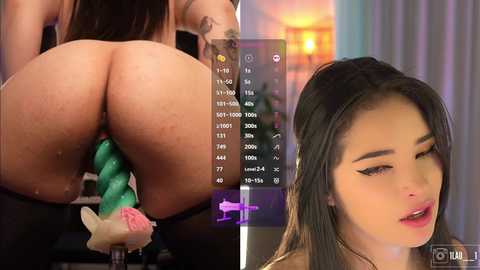 Media: A split-screen video featuring an Asian woman with long black hair, wearing a green corset and a pink flower, and a close-up of her face with makeup and a content expression.