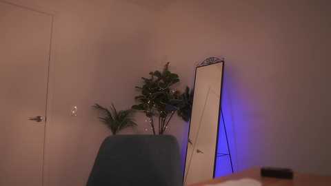 Media: A dimly lit video of a simple, sparsely furnished room with beige walls, a green chair, a tall potted plant, and a tall mirror with a blue light illuminating it, creating a warm, cozy atmosphere.