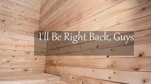 Media: Video of a corner of a wooden sauna with light-colored, horizontal planks. Text overlay reads \"I'll Be Right Back, Guys.\