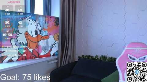 Media: Video of a modern living room with a colorful mural of Donald Duck on the window, a black sofa, a pink gaming chair, and a QR code overlay reading \"Goal: 75 likes.\