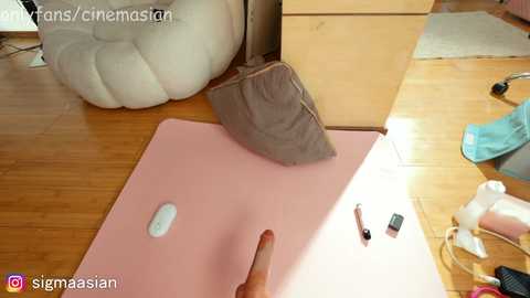 Media: Video of a person's hand placing a brown object on a pink yoga mat, with a white pillow, wooden floor, and scattered items in the background.