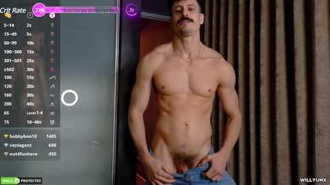 Media: Video of a shirtless, muscular, light-skinned man with a mustache, pulling down blue jeans, standing in front of a dark curtain. Left side shows a virtual \"Crist Rate\" screen with stats.