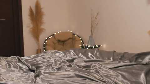 Media: Video of a bed with silver satin sheets, a round mirror with a string of fairy lights, and tall, dried pampas grass in a vase on a white wall.