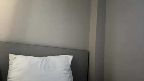 Media: Video of a minimalist bedroom corner, featuring a grey upholstered headboard, a white pillow, and a beige wall. The lighting is soft, creating a serene and understated atmosphere.