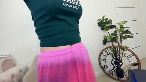 Media: A video of a woman wearing a dark green crop top and a vibrant pink skirt, standing in a room with a white wall, a plant, and a clock.