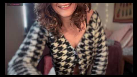 Media: A video of a smiling woman with curly brown hair, wearing a black-and-white houndstooth patterned blouse, leaning forward, with a blurred background of a cozy room with a red couch and framed art.