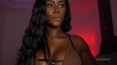 Video of a dark-skinned woman with long, wavy black hair, wearing a brown halter top. Background features a blurred, red-lit room.