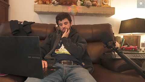 Media: Video of a man in a black hoodie and jeans, smoking, using a laptop on a brown leather couch, surrounded by plush toys, a red toy car, and a lamp.