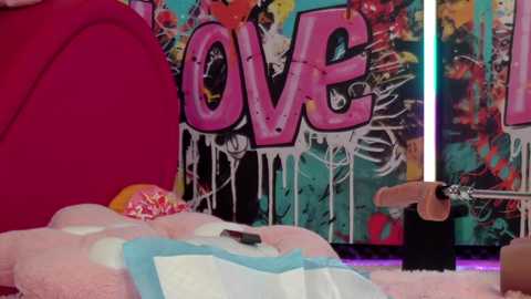 Media: Video of a colorful bedroom with a pink bed, white and pink comforter, and a vibrant graffiti wall behind it.