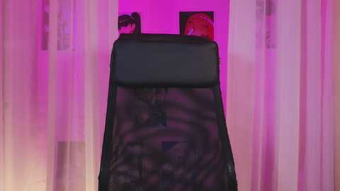 Media: Video of a black mesh office chair against a backdrop of white curtains with pink and purple lighting. A small red and white object is visible through the mesh, possibly a toy or object.