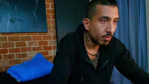 Media: Video of a young man with short dark hair and a beard, wearing a black jacket, leaning against a brick wall with a blue cushion and a dark painting in the background.