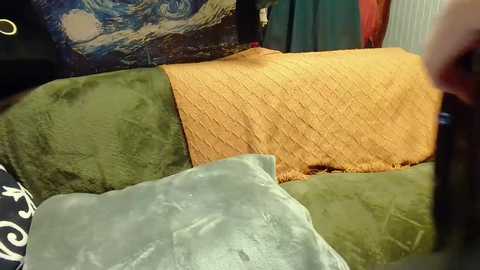 Media: Video of a cozy living room scene featuring a green velvet couch, a mustard-yellow quilted blanket, and a blue pillow with white floral patterns. The background includes a painting of \"The Starry Night\" and a red curtain.