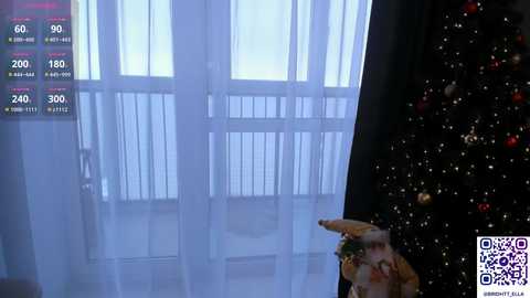 Media: Video of a festive room with a decorated Christmas tree, a woman holding a turkey, and a window with sheer white curtains, displaying a digital clock and temperature display.