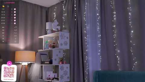 Media: Video of a cozy bedroom with gray curtains and twinkling fairy lights. A white bookshelf holds decorative items, a lamp, and a teal armchair sits in the foreground. QR code in bottom left corner.