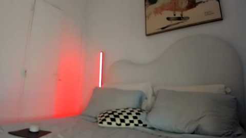 Media: A dimly lit video of a minimalist bedroom with a white, rounded headboard and a red light casting a shadow on the wall. A framed painting hangs above the bed, which has a checkered pillow and grey linens.