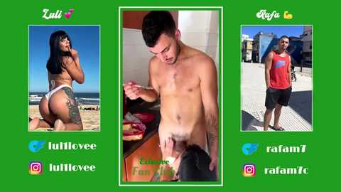 Media: Video collage featuring two topless women, a man, and a beach scene. The left image shows a tattooed woman in a bikini, the middle a man eating ice cream, and the right a shirtless man with tattoos.