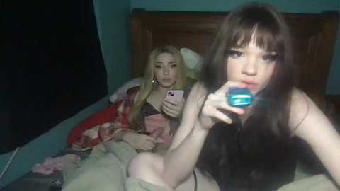 Media: A dimly-lit video shows a young woman with long brown hair taking a selfie, holding a blue flip phone. Behind her, a blonde woman in a pink nightgown lies on a bed with a red blanket.