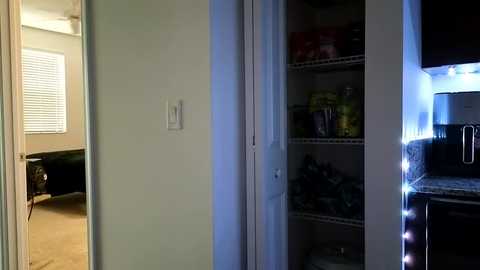 Media: A video showing a partially open refrigerator in a modern kitchen with white walls, granite countertops, and a stainless steel microwave. Inside, shelves hold various groceries and a light bulb illuminates the interior.