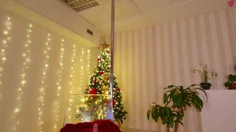 Media: Video of a festive room with a tall Christmas tree adorned with lights and ornaments, surrounded by white vertical-striped curtains. A silver pole stands in the center, with a red and gold tree skirt. Potted plants flank the room.