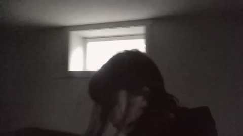 Media: A dimly lit video shows a person with long, dark hair bent over, possibly in a bathroom. A small window with blinds is partially visible in the background.