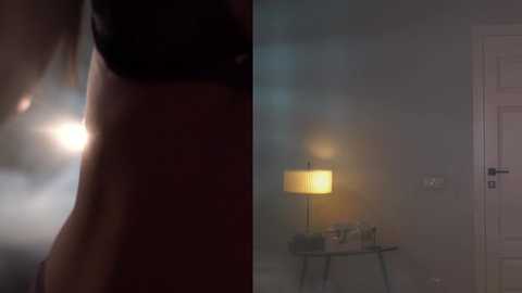 Media: A side-by-side video of a woman's lower body and a dimly lit room. The left shows a shadowy figure in black, while the right shows a lamp casting a warm glow on a table.