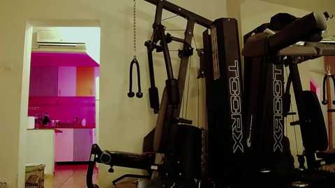 Media: Video of a modern home gym with a black Torque Fitness machine, a small kitchenette with pink lights, and a doorway leading to a bathroom.