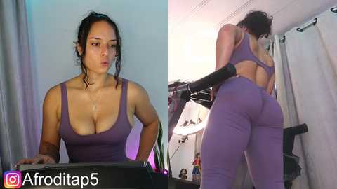 Media: Video split into two parts: left shows a fit woman with dark hair in a purple sports bra, right shows her from behind in tight purple leggings, taken indoors.