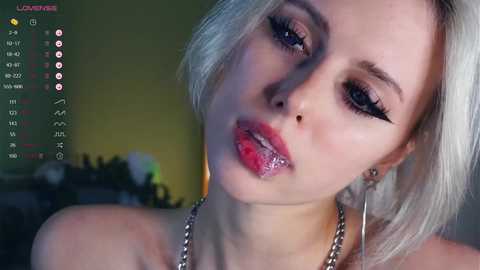 Video of a close-up of a young woman with platinum blonde hair, wearing heavy black eyeliner, red lipstick, and a silver necklace. Background shows a dimly lit room with a blurred green wall and a digital control panel.