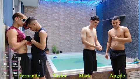 Media: Video of four shirtless, athletic young men in a backyard pool area; two are embracing, one is shirtless, and two are wearing black shorts, standing near a pool.