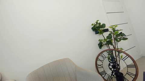 Media: Video of a minimalist room with a white wall, a modern white chair, and a black, intricate clock with green plant stems in the background.