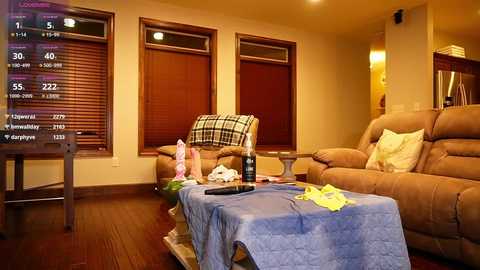 Media: Video of a cozy living room with brown leather couches, a blue throw, and a TV displaying weather information. Two large windows with brown blinds, a blue blanket, and a yellow toy car on the floor.