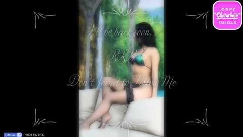 Video of a woman in black lingerie, sitting on a beige couch with a blurred green background, text overlay reading, \"Don't forget to find me.\