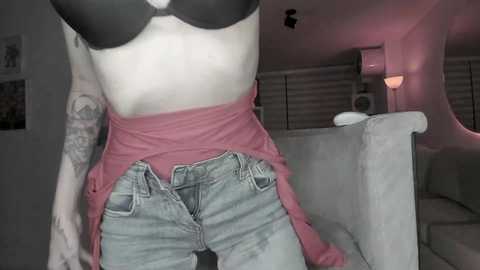 Media: Video of a person with fair skin, wearing a black bra and unbuttoned jeans, exposing a red top underneath. The background features a modern living room with a couch, a lamp, and partially visible windows.