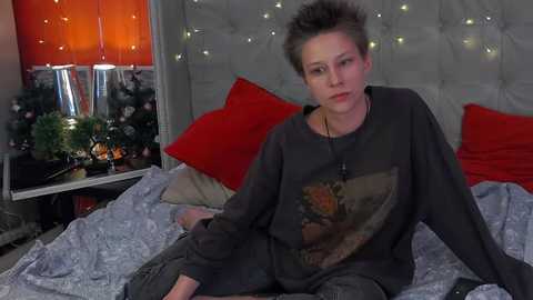 Media: Video of a young person with short, spiky hair wearing a gray graphic sweatshirt, sitting on a bed with red and gray bedding, surrounded by holiday decorations.