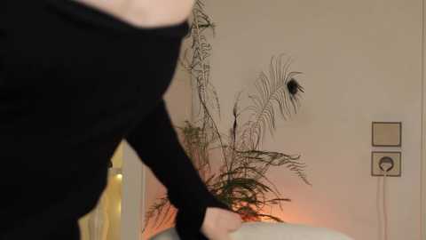 Media: Video of a person in black clothing, with a hand holding a decorative feather arrangement in a modern, minimalist room featuring a white wall, a light switch, and a soft, warm ambient light.