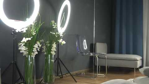 Media: Video of a modern room with dark gray walls, a white chaise lounge, a clear acrylic chair, and two large circular ring lights with green stems and white flowers.