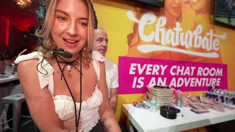 Media: Video of a smiling woman with light blonde hair in a white lace top, wearing a headset mic, in a vibrant yellow room with a \"Ch\u00e2teau\" sign and colorful adventure-themed decor.