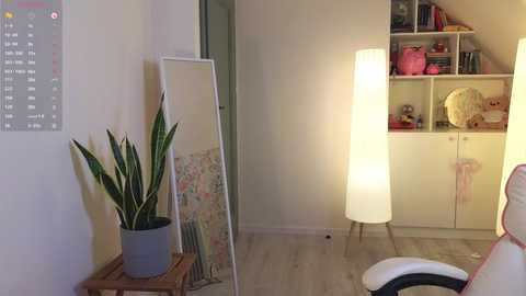 Media: Video of a minimalist, cozy room with a white wall calendar, tall potted snake plant, and a white chair. A tall, white floor lamp and a built-in shelving unit with colorful knick-knacks are also present.