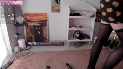 Media: Video of a cozy bedroom with a black cat painting, white cat shelf, \"KATIE\" sign, and a woman in black stockings and a floral dress.