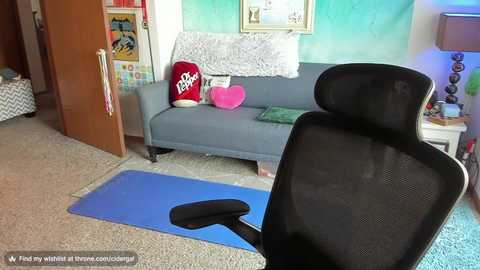 Media: Video of a cozy living room with a gray couch, blue yoga mat, a black mesh office chair, and a colorful poster on the wall.