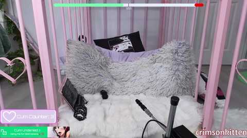 Media: Video of a pink, heart-shaped dog crate with a fluffy gray blanket, black dog toys, and a white faux fur rug, in a modern, light-filled room.