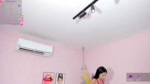 Media: A blurry video of a pink-walled room with a mounted TV, air conditioner, and framed makeup photos. A woman with long black hair is in the background.