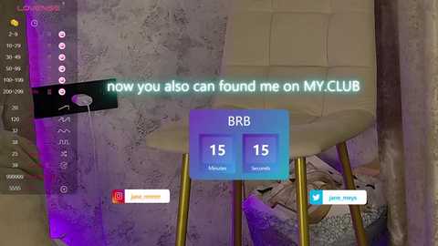 Media: Video of a VR headset displaying a nightclub scene with a beige leather chair, purple lighting, and a text overlay reading \"now you also can found me on MY CLUB\" and two buttons labeled \"15\" and \"16.\